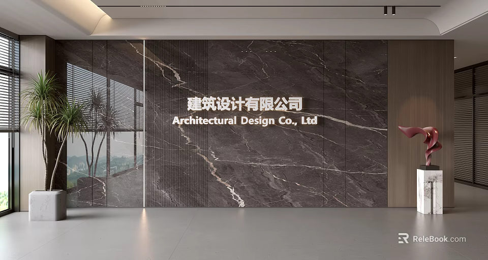 Modern Marble Background Wall for Architectural Design Company Reception Area with Wooden Accents 3d model 