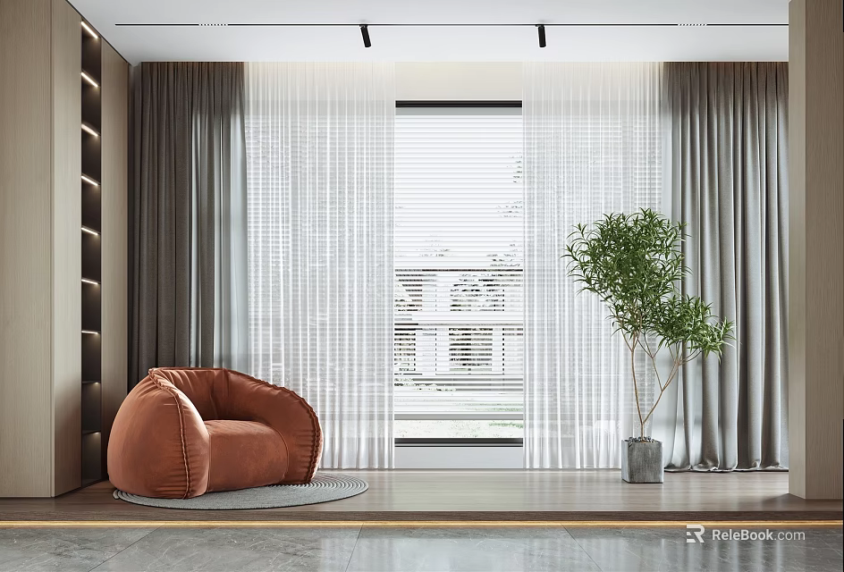 Gray Curtains With Sheer Panels In Modern Living Room By Large Window And Green Plant 3d model 