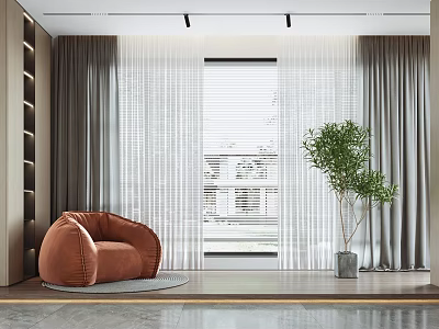 Gray Curtains With Sheer Panels In Modern Living Room By Large Window And Green Plant 3d model
