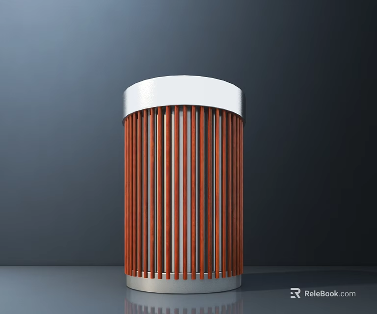 Public Facility Cylindrical Trash Can With White Top Red Vertical Stripes And Silver Base 3d model 