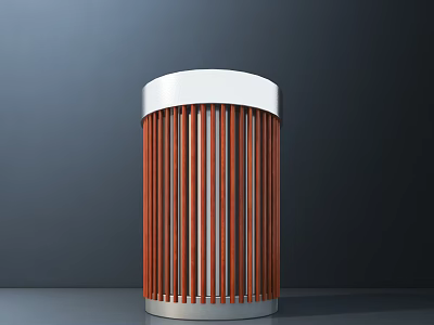 Public Facility Cylindrical Trash Can With White Top Red Vertical Stripes And Silver Base 3d model
