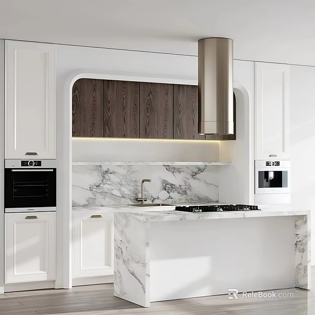 Modern Kitchen Interior With Marble Countertops White Cabinets And Dark Wood Grain Upper Cabinets 3d model 