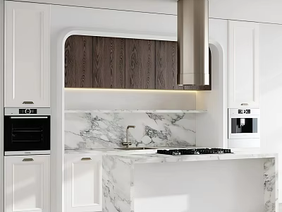 Modern Kitchen Interior With Marble Countertops White Cabinets And Dark Wood Grain Upper Cabinets 3d model