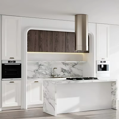 Modern Kitchen Interior With Marble Countertops White Cabinets And Dark Wood Grain Upper Cabinets 3d model