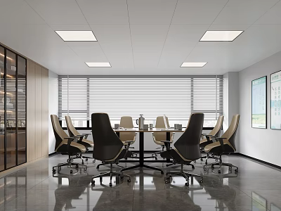 Modern Conference Room With Long Table Black Chairs Glass Partitions Wooden Elements And Smooth Floor 3d model