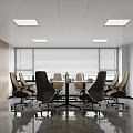 Modern Conference Room With Long Table Black Chairs Glass Partitions Wooden Elements And Smooth Floor