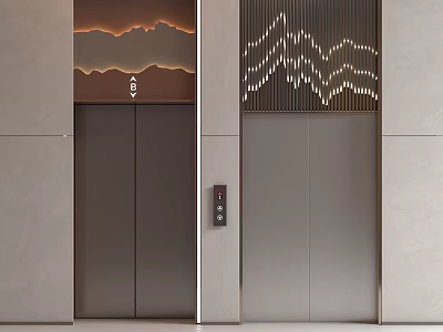 Modern Elevator Design With Decorative Mountain Wave Lighting And Panel Art 3d model