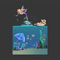 Mermaid Game Movie Character in Blue Cube Underwater World with Coral Fish and Shell