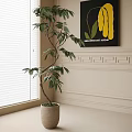 Bonsai Plant In Light Colored Pot Near Window Blinds With White Wall Decorative Painting