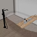 Transparent Red Bathtub With Wooden Tray And Bath Products Near Blinds On Wooden Floor