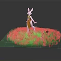 3D Model White Rabbit Character In Red Dress Standing On Green Grass With Pink Flowers