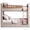 Modern Bunk Bed Design With Light Gray Frame Wooden Ladder And Floral Pillows