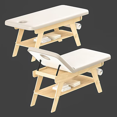 Wooden Frame Massage Table With White Padding And Lower Shelf For Towels 3d model