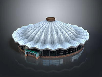 Modern Circular Dome Building With White Fan Shaped Panels And Glass Windows 3d model