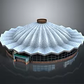 Modern Circular Dome Building With White Fan Shaped Panels And Glass Windows