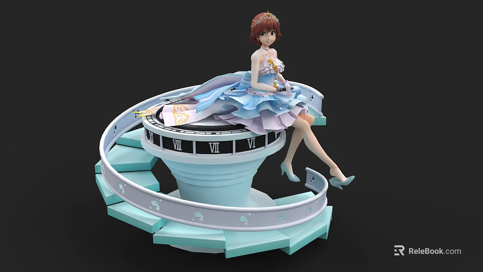 Game Anime Character With Brown Hair In Blue Dress Sitting On Spiral Decorative Platform 3d model 