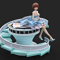 Game Anime Character With Brown Hair In Blue Dress Sitting On Spiral Decorative Platform