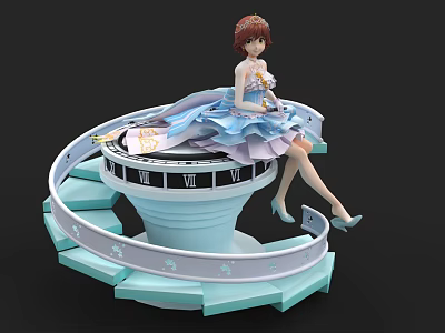Game Anime Character With Brown Hair In Blue Dress Sitting On Spiral Decorative Platform 3d model