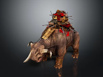 Game Movie Character Rhinoceros With Large Horns And Stacked Weapons On Back 3d model