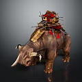 Game Movie Character Rhinoceros With Large Horns And Stacked Weapons On Back