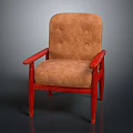 Brown Upholstered Armchair With Red Wooden Arms And Legs And Button Tufted Back