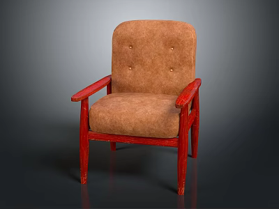 Brown Upholstered Armchair With Red Wooden Arms And Legs And Button Tufted Back 3d model