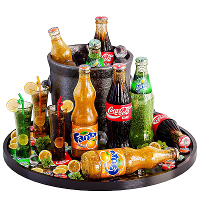 Assorted Beverages Display With Bottles Glass Drinks And Lemon Slices 3d model