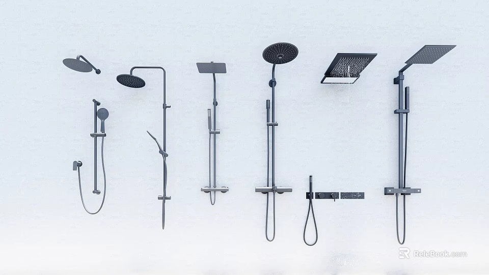 Various Modern Shower Head Designs Featuring Rainfall Fixed and Handheld Options 3d model