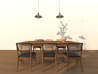 Wooden Dining Table Set With Four Chairs Woven Backrests Dark Cushions Vase Plant Hanging Lights 3d model