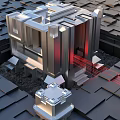 Futuristic 3D Geometric Structure With Metallic Design And Red Laser Beams