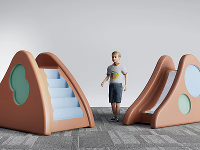 Brown Playground Equipment with Green Blue Holes Steps and Slide for Little Boy 3d model