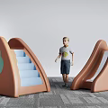 Brown Playground Equipment with Green Blue Holes Steps and Slide for Little Boy