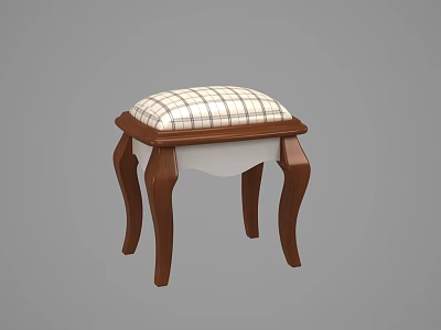 Classic Wooden Stool With Plaid Padded Seat And Curved Legs Design 3d model