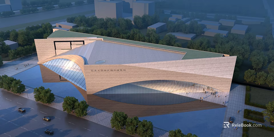 Modern Chinese Character Museum Exterior With Curved Roof Glass Wall Trees And Square 3d model 