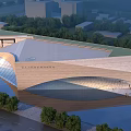 Modern Chinese Character Museum Exterior With Curved Roof Glass Wall Trees And Square