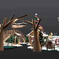 Festive Christmas Scene With Decorated Tree Snowy Cabin Reindeer Snowman And Wooden Arch