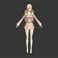 White Haired Female Character 3D Model With Pink Coat Short Skirt Fur Collar And Belt