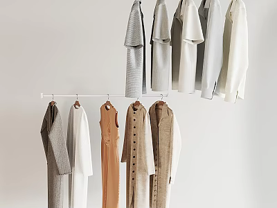 Clothes Hanging on Rack with Various Styles in Neutral Tones Including Dresses Coats and Tops 3d model