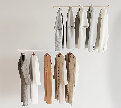 Clothes Hanging on Rack with Various Styles in Neutral Tones Including Dresses Coats and Tops 3d model