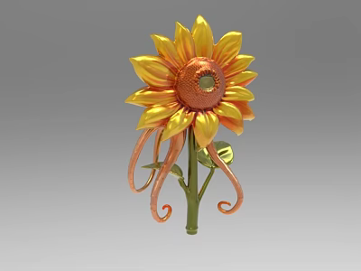 Sunflower Shaped Decorative Ornament Set With Yellow Petals Orange Center And Green Stem 3d model