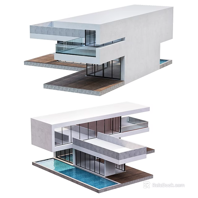 Modern Detached Villa With Multi Level Design Glass Windows And Swimming Pool 3d model 