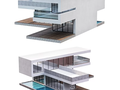 Modern Detached Villa With Multi Level Design Glass Windows And Swimming Pool 3d model