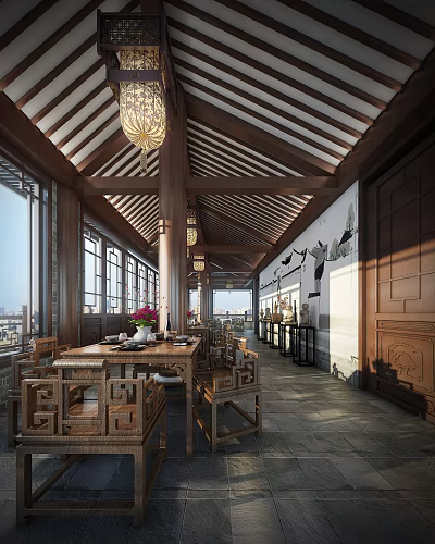 Traditional Teahouse Interior with Wooden Furniture Hanging Lanterns and Decorative Artworks 3d model