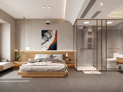 Modern Hotel Guest Room With Wooden Headboard Wall Art Glass Bathroom Partition And Soft Lighting 3d model