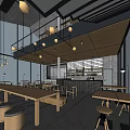 Modern Restaurant Interior With Hanging Lights Staircase Round Tables And Bar Counter