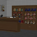 Wooden Bar Counter With Shelves Holding Colorful Packages White Tiled Walls And Decorative Paintings