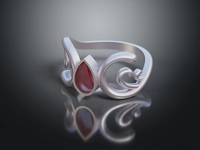 Silver Ring With Curved Swirl Design And Red Gemstone Decoration 3d model