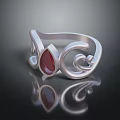 Silver Ring With Curved Swirl Design And Red Gemstone Decoration 3d model