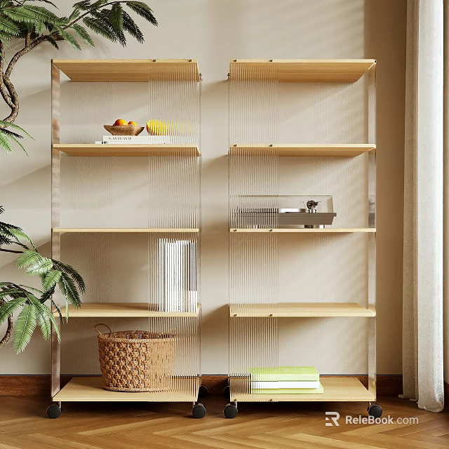 Stylish Wooden Wall Shelves in Modern Interior with Books Wicker Basket and Green Plant 3d model 