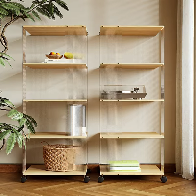 Stylish Wooden Wall Shelves in Modern Interior with Books Wicker Basket and Green Plant 3d model